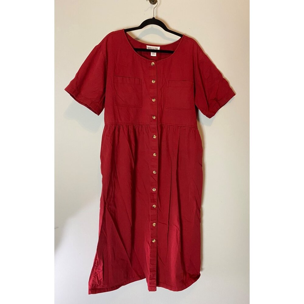 Silhouettes Red Button-Front Midi Dress Pockets100% Cotton Short Sleeves Size 18